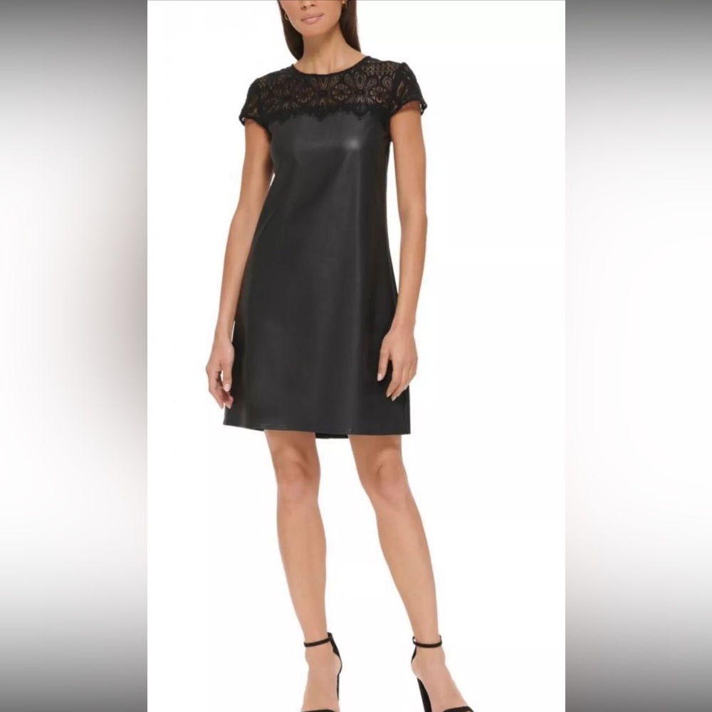 😍Kensie Women's Knee Length Shift Dress Lined Solid Short Sleeve Lace Size 8